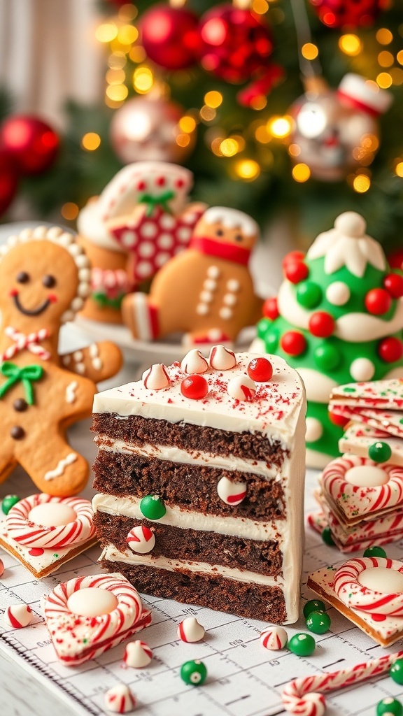 Creative Christmas Dessert Ideas A variety of creative Christmas desserts including gingerbread cookies, chocolate cake, and peppermint bark on a festive table.